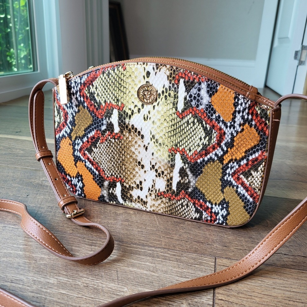 Anne Klein Multi Color Snakeskin Crossbody Bag Triple Compartment Brown Strap